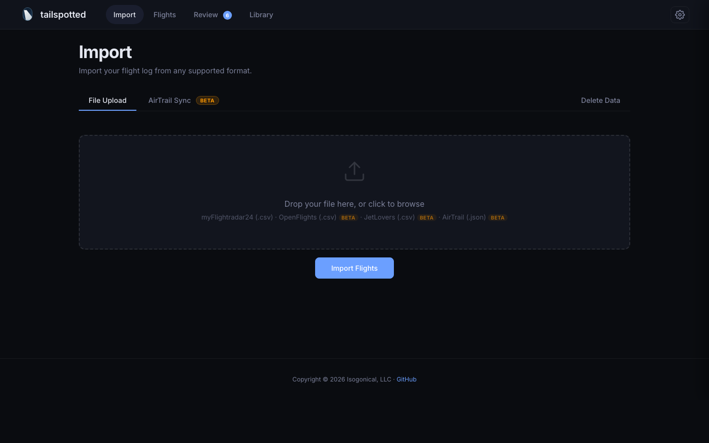 Import page with tabbed interface for file upload, AirTrail sync, and data management